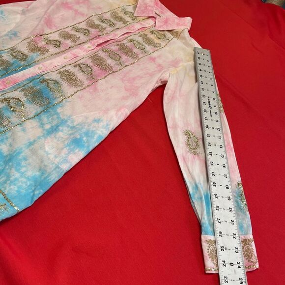 Soft Surroundings Gilded Paisley Tie-Dye Tunic Top Button Up Sequin Sz Medium - Picture 5 of 9